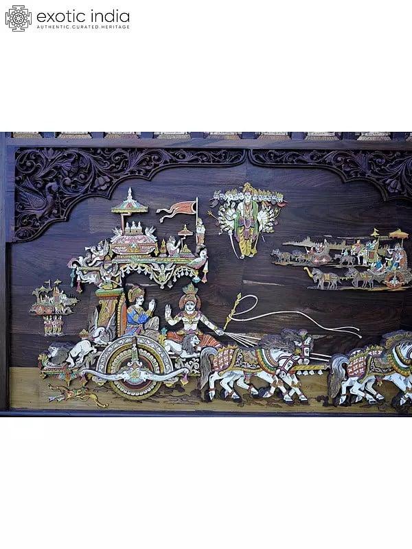 Exotic India 72" Large Geeta Upadesha With Dashavatara Of Lord Vishnu And Krishna Lila | 3D Wall Panel In Rosewood With Inlay Work 