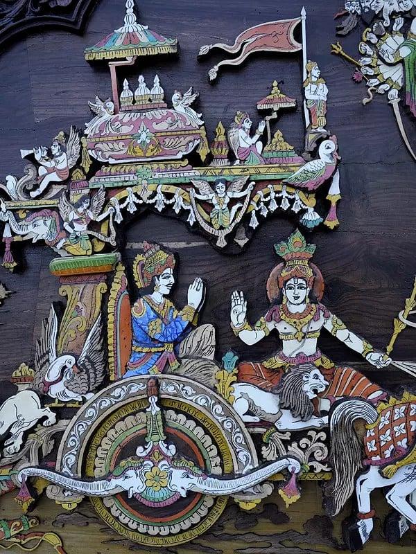 Exotic India 72" Large Geeta Upadesha With Dashavatara Of Lord Vishnu And Krishna Lila | 3D Wall Panel In Rosewood With Inlay Work 