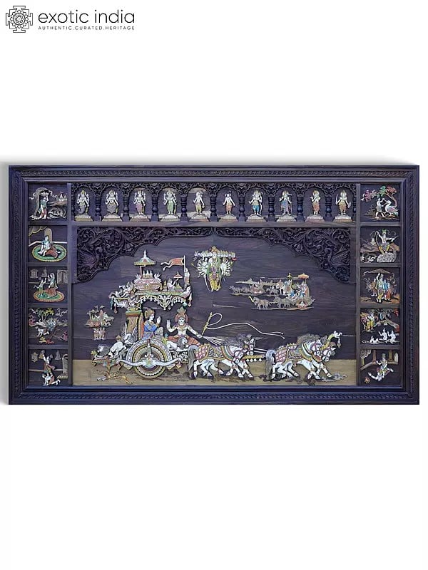 exotic india 72" Large Geeta Upadesha with Dashavatara of Lord Vishnu and Krishna Lila | 3D Wall Panel in Rosewood with Inlay Work 