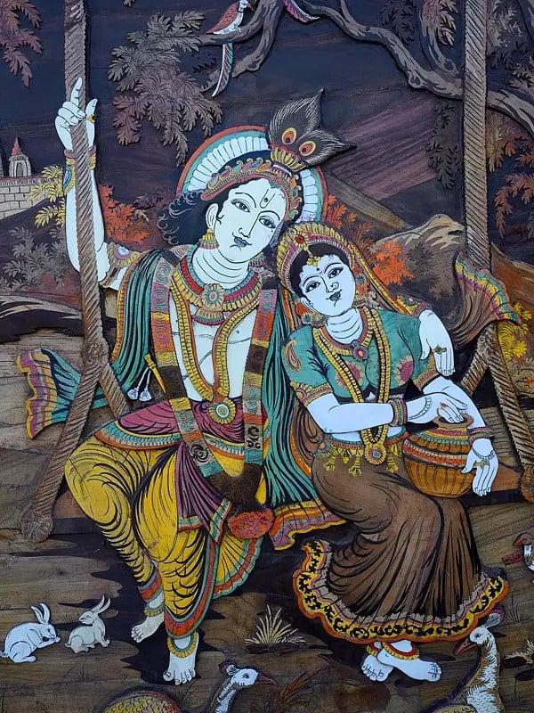 Exotic India 72" Large Radha Krishna On Swing | 3D Wall Panel In Rosewood With Inlay Work 