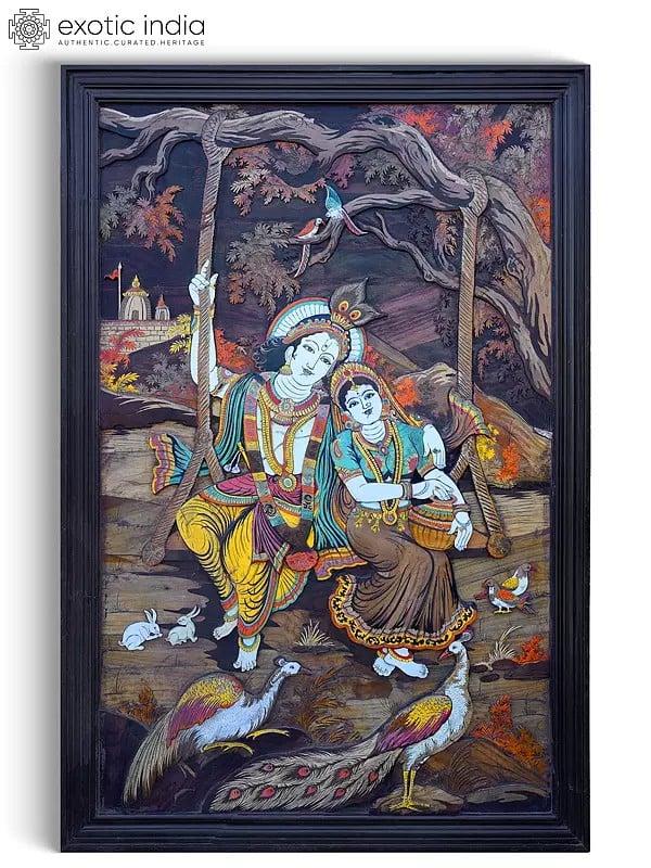 exotic india 72" Large Radha Krishna on Swing | 3D Wall Panel in Rosewood with Inlay Work 