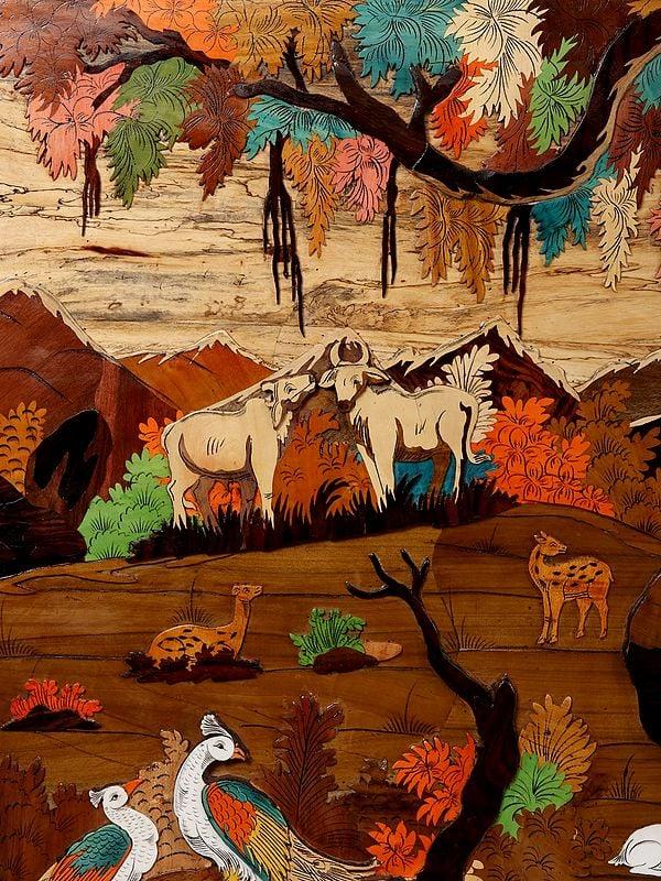 Exotic India 72" Large River Side Seated Radha Krishna | 3D Art Wood Panel With Inlay Work 