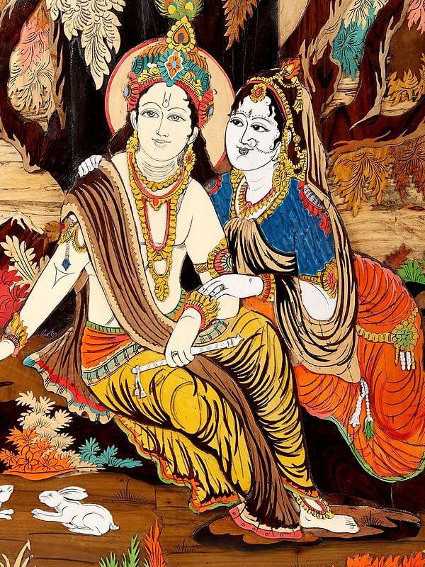 Exotic India 72" Large River Side Seated Radha Krishna | 3D Art Wood Panel With Inlay Work 