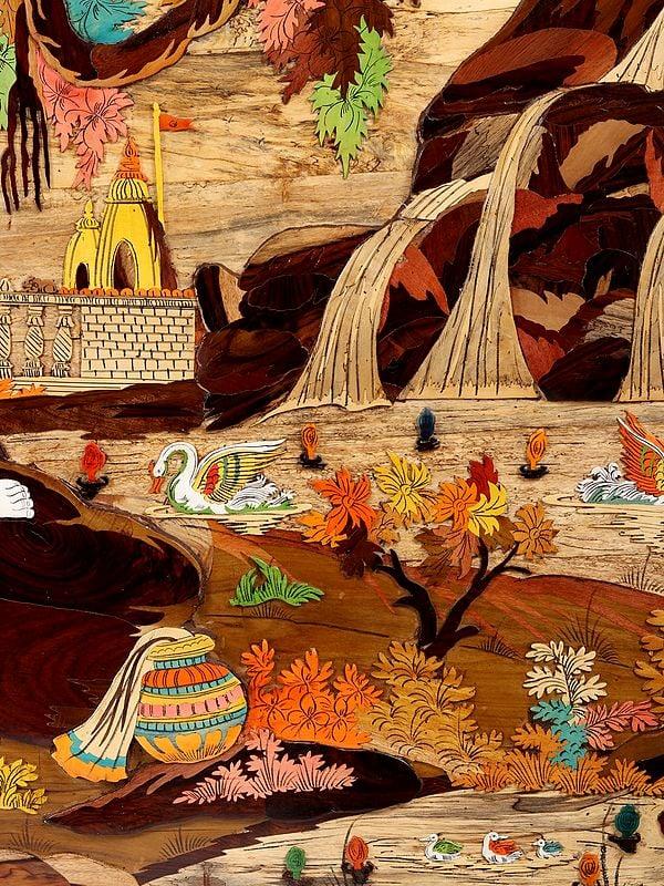 Exotic India 72" Large River Side Seated Radha Krishna | 3D Art Wood Panel With Inlay Work 