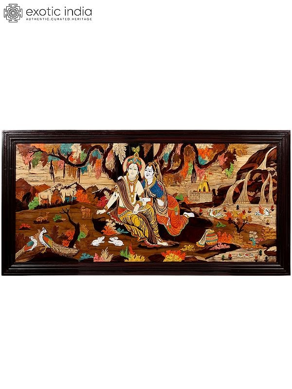 exotic india 72" Large River Side Seated Radha Krishna | 3D Art Wood Panel with Inlay Work 