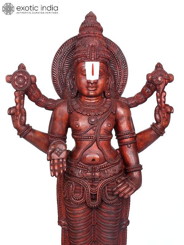Exotic India 72" Large Tirupati Balaji (Venkateshvara) Standing On Round Pedestal | Wood Carving 