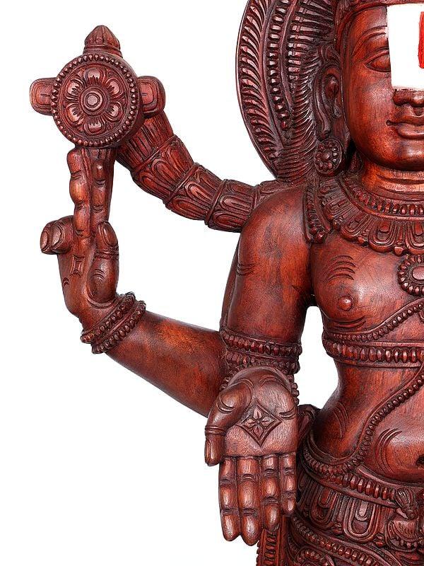 Exotic India 72" Large Tirupati Balaji (Venkateshvara) Standing On Round Pedestal | Wood Carving 