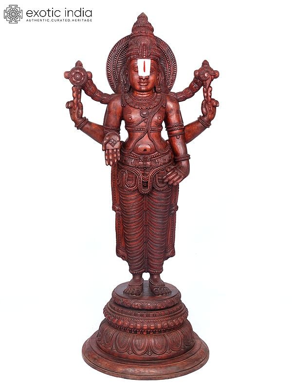 exotic india 72" Large Tirupati Balaji (Venkateshvara) Standing on Round Pedestal | Wood Carving 