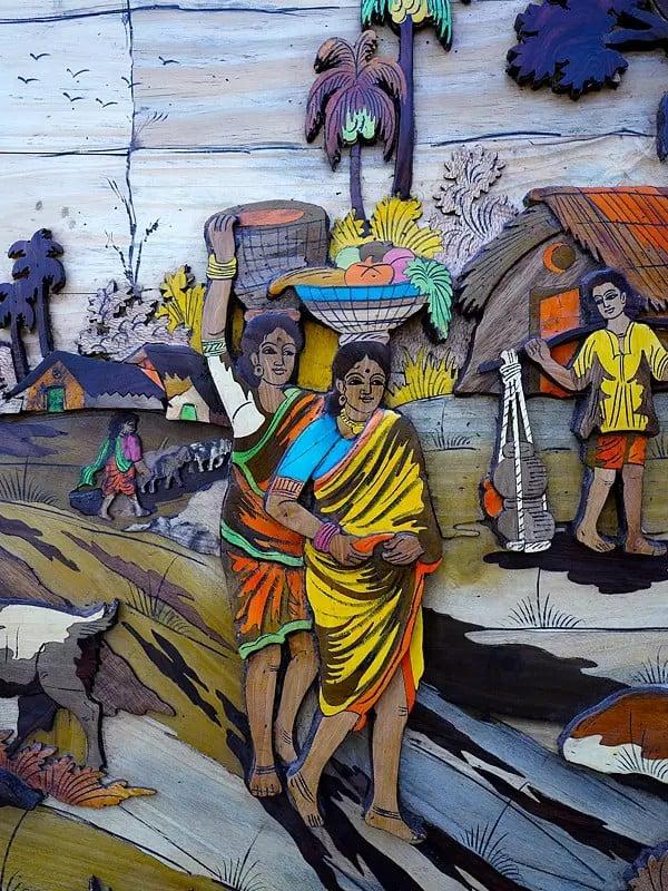 Exotic India 72" Large Village Life Landscape | 3D Wall Panel In Rosewood With Inlay Work 