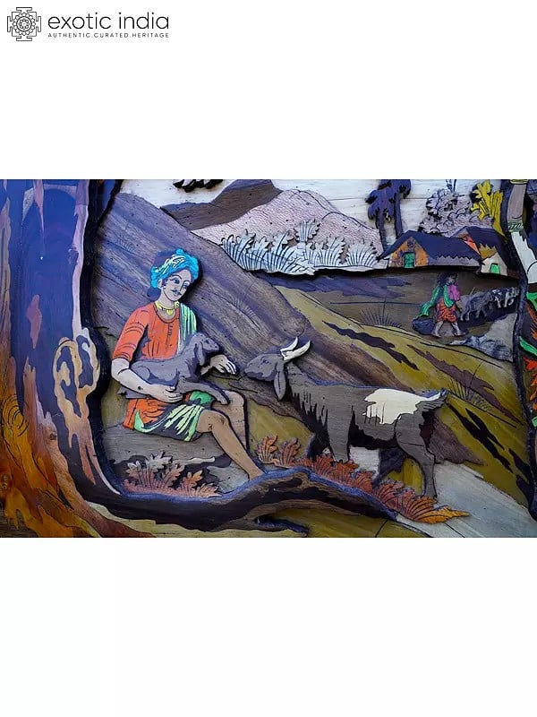 Exotic India 72" Large Village Life Landscape | 3D Wall Panel In Rosewood With Inlay Work 