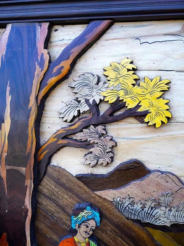 Exotic India 72" Large Village Life Landscape | 3D Wall Panel In Rosewood With Inlay Work 