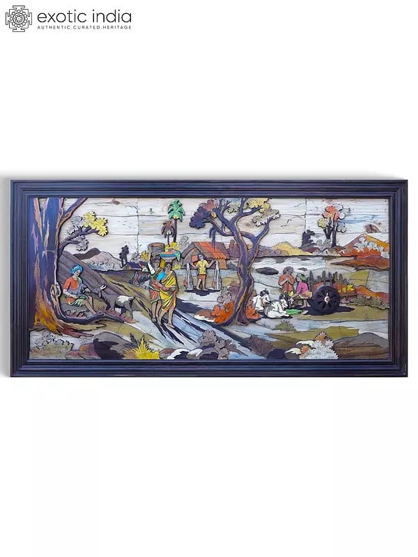 exotic india 72" Large Village Life Landscape | 3D Wall Panel in Rosewood with Inlay Work 