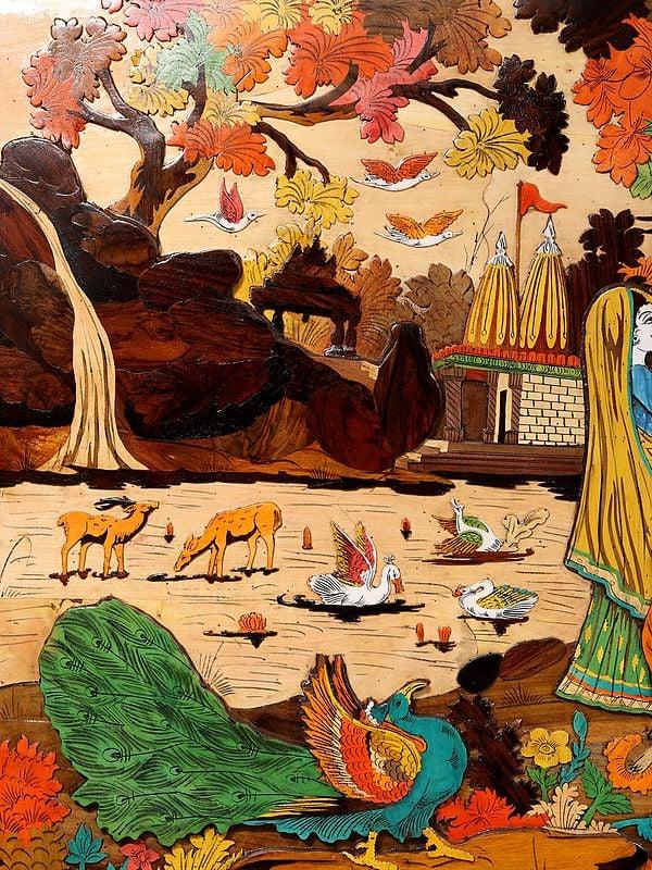 Exotic India 72" Radha And Krishna - 3D View Of Vrindavan Story | Natural Color On Wood Panel With Inlay Work 