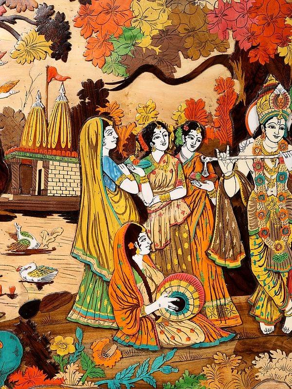 Exotic India 72" Radha And Krishna - 3D View Of Vrindavan Story | Natural Color On Wood Panel With Inlay Work 