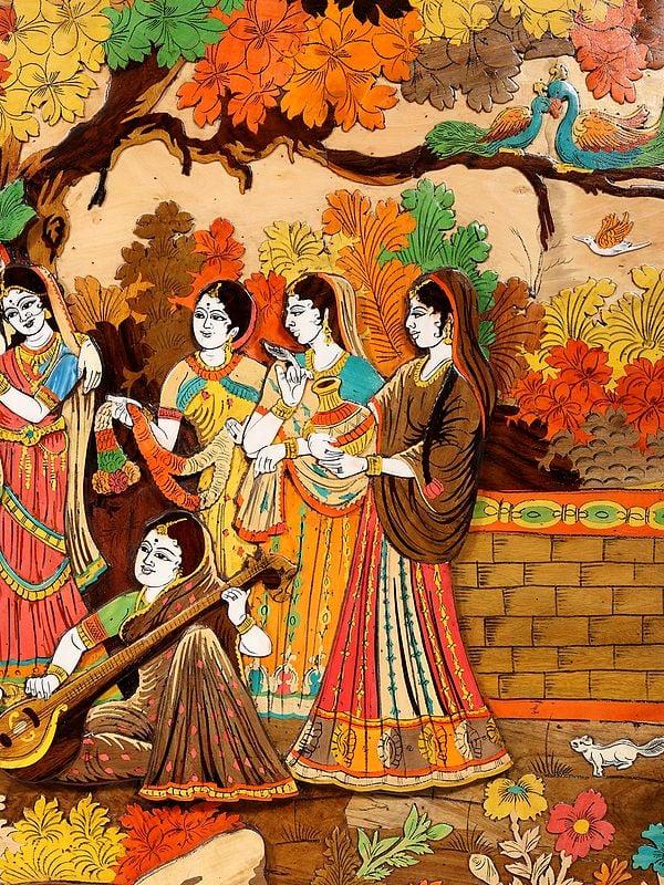 Exotic India 72" Radha And Krishna - 3D View Of Vrindavan Story | Natural Color On Wood Panel With Inlay Work 
