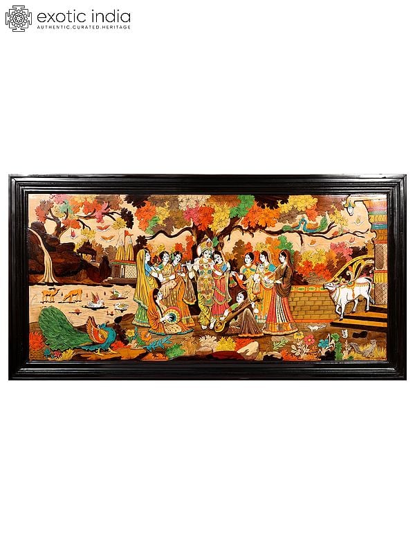 exotic india 72" Radha And Krishna - 3D View Of Vrindavan Story | Natural Color On Wood Panel With Inlay Work 