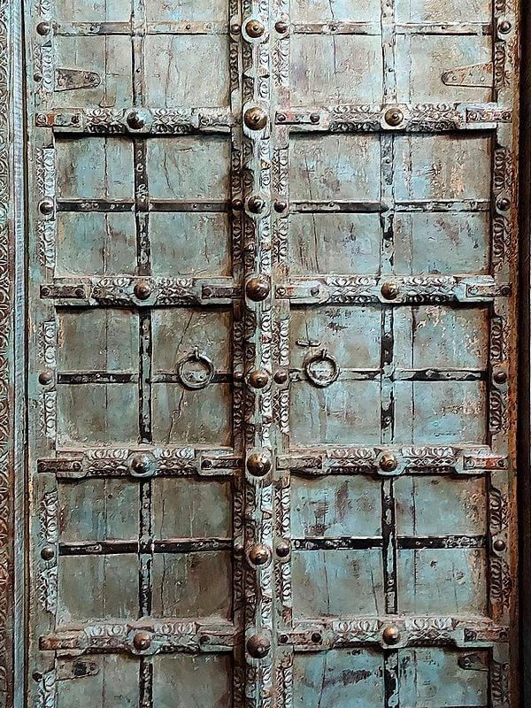 Exotic India 73" Large Village Wood Traditional Old Door With Iron Plating 