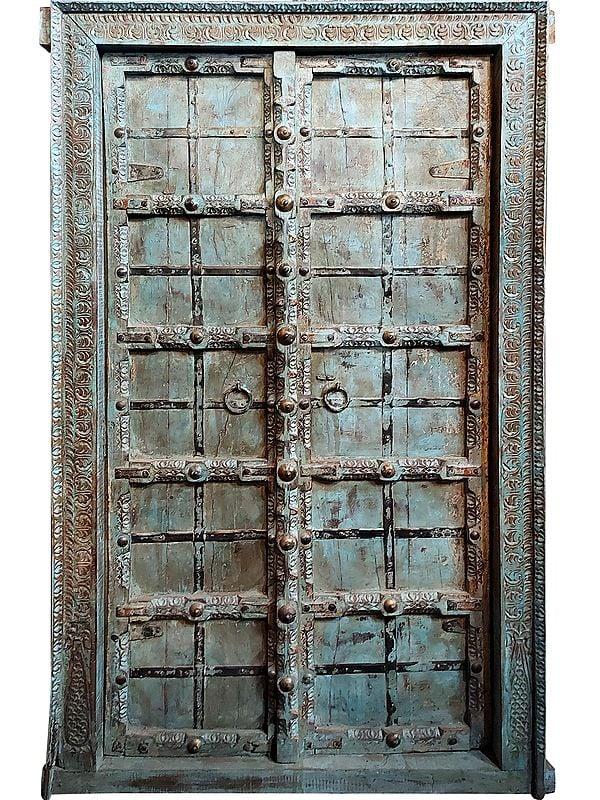 exotic india 73" Large Village Wood Traditional Old Door With Iron Plating