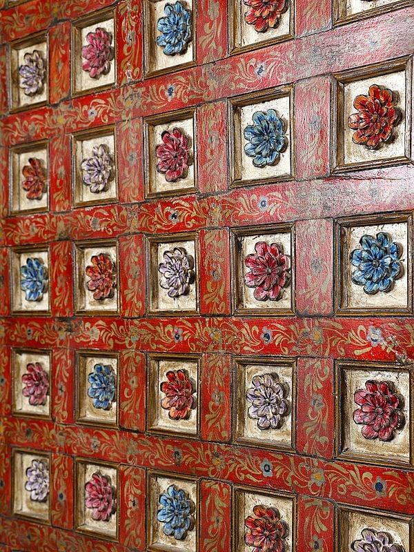 Exotic India 76" Large Floral Design Vintage Door From Rajasthan 