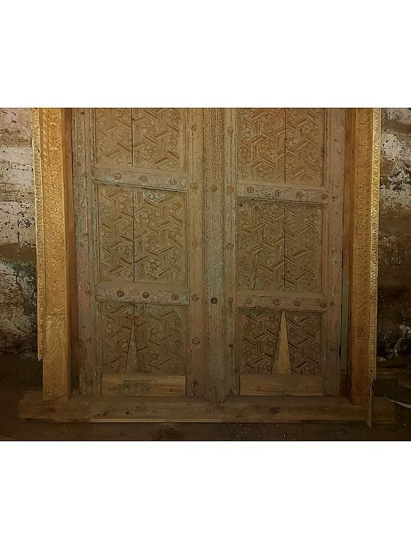 Exotic India 77" Large Indian Village Traditional Flower Pattern Wood Door 