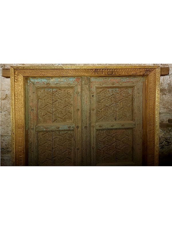 Exotic India 77" Large Indian Village Traditional Flower Pattern Wood Door 