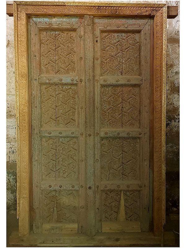 exotic india 77" Large Indian Village Traditional Flower Pattern Wood Door 