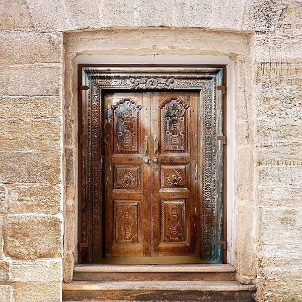 Exotic India 77" Large Peacock Craved Wood Door | Indian Door 