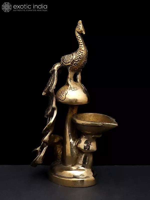 Exotic India 8" Beautiful Peacock With Diya | Brass Statue