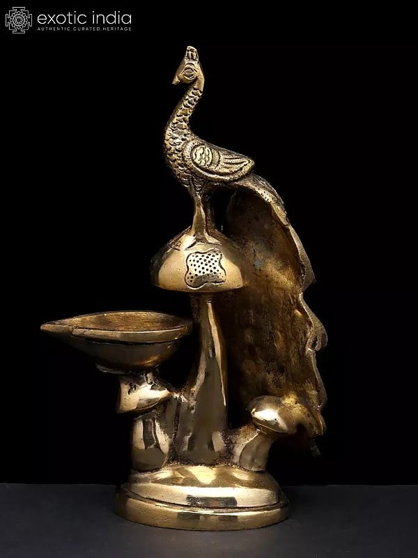 Exotic India 8" Beautiful Peacock With Diya | Brass Statue
