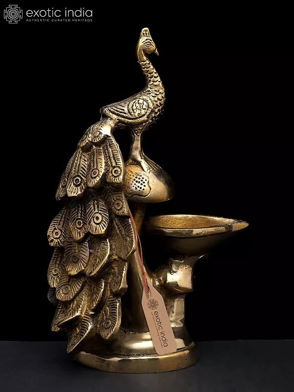 exotic india 8" Beautiful Peacock with Diya | Brass Statue