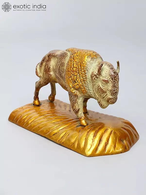Exotic India 8" Bison Figurine | Brass Statue | Table Decor