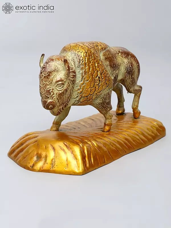Exotic India 8" Bison Figurine | Brass Statue | Table Decor