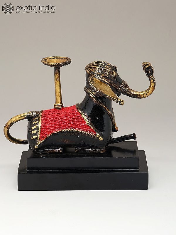 Exotic India 8" Brass Elephant With Candle Stand On Wood Base | Dhokra Art | Table Decor 