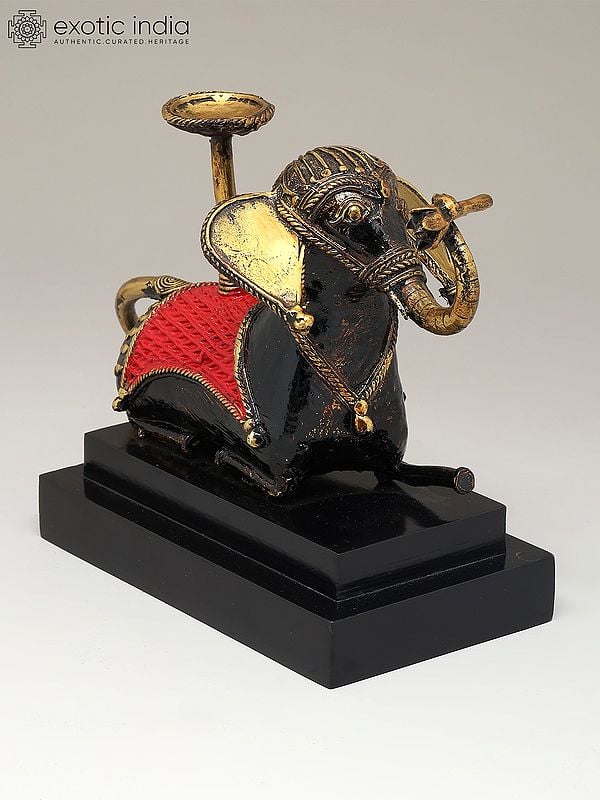 Exotic India 8" Brass Elephant With Candle Stand On Wood Base | Dhokra Art | Table Decor 