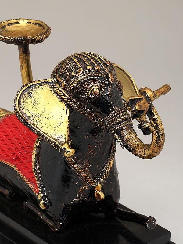 Exotic India 8" Brass Elephant With Candle Stand On Wood Base | Dhokra Art | Table Decor 