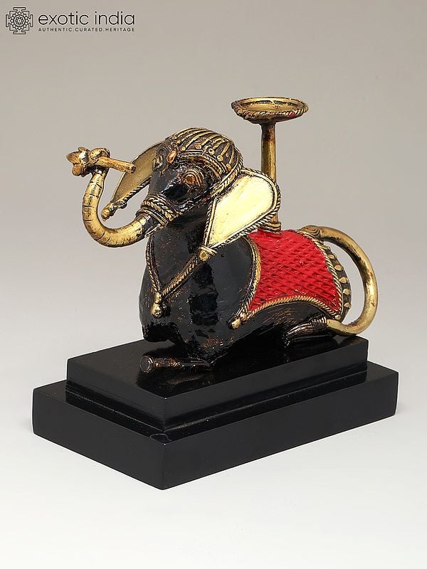 exotic india 8" Brass Elephant with Candle Stand on Wood Base | Dhokra Art | Table Decor 