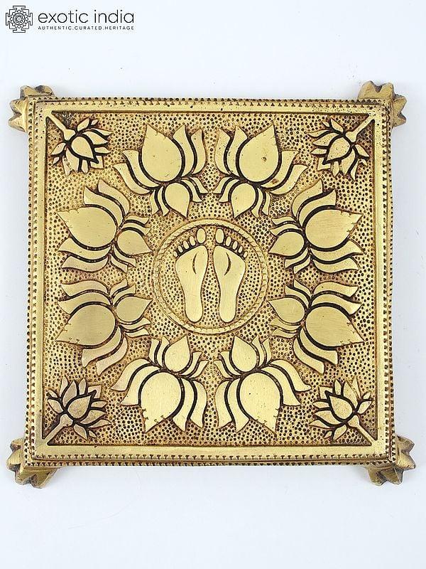 Exotic India 8" Charan Engraved Lotus Design Brass Pedestal/Chowki