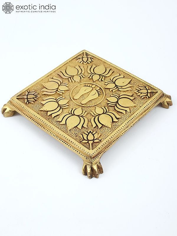 Exotic India 8" Charan Engraved Lotus Design Brass Pedestal/Chowki
