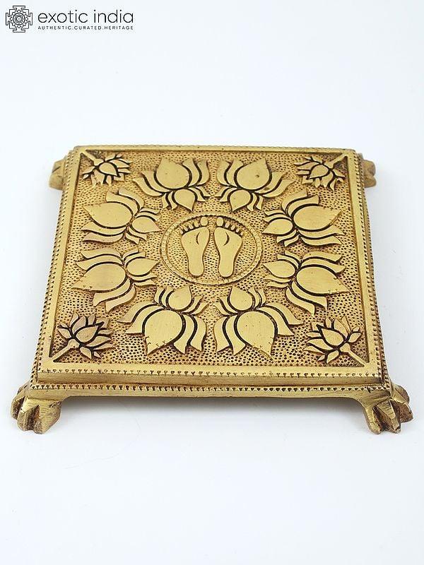 exotic india 8" Charan Engraved Lotus Design Brass Pedestal/Chowki 