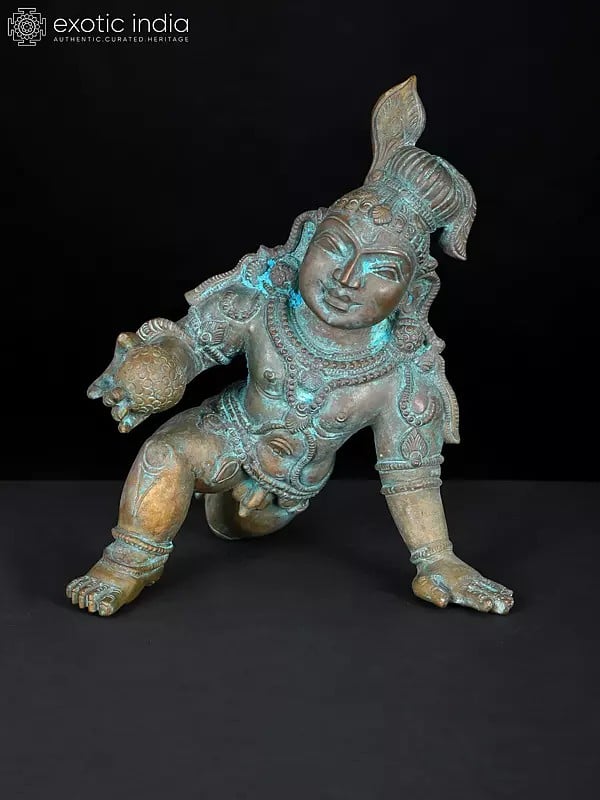 exotic india 8" Crawling Laddu Gopal (Krishna) | Bronze Statue 