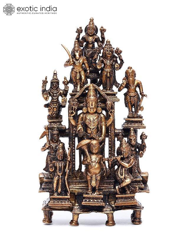 exotic india 8" Dashavatara of Lord Vishnu with Tirupati Balaji (Venkateshvara) at Center | Copper Statue 
