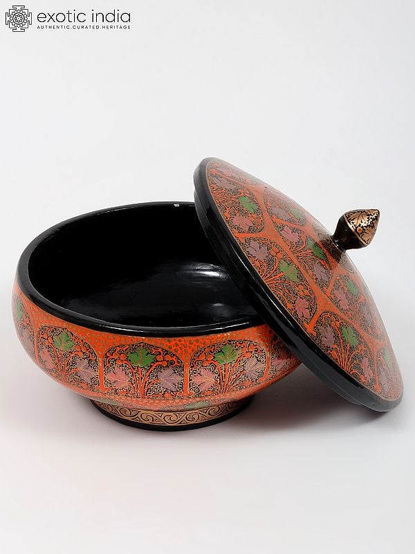 Exotic India 8" Decorative Bowl With Lid | Hand-Painted | From Kashmir 