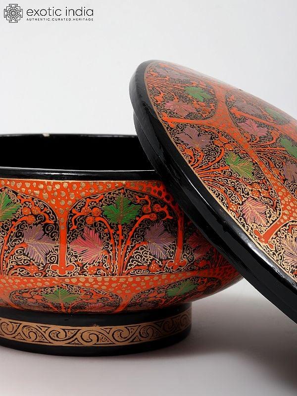Exotic India 8" Decorative Bowl With Lid | Hand-Painted | From Kashmir 