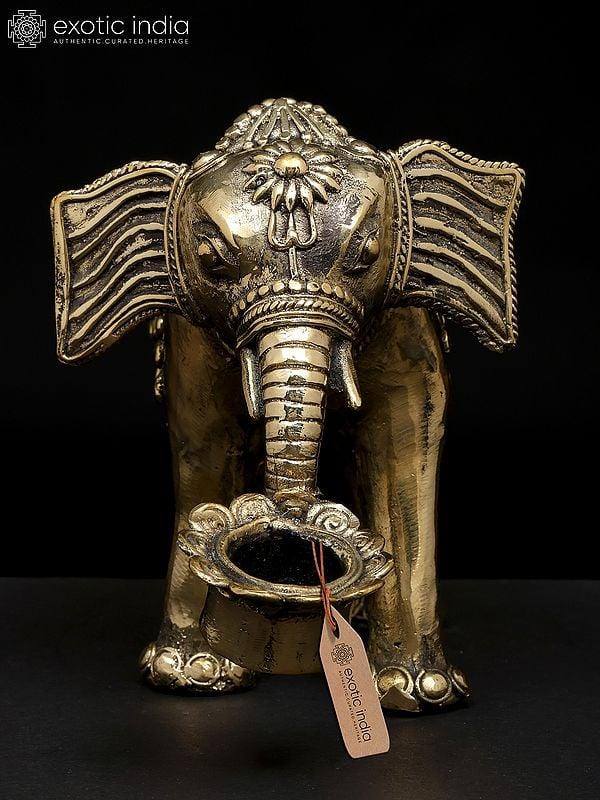 Exotic India 8" Decorative Brass Elephant With Candle Holder | Dhokra Art | Table Decor