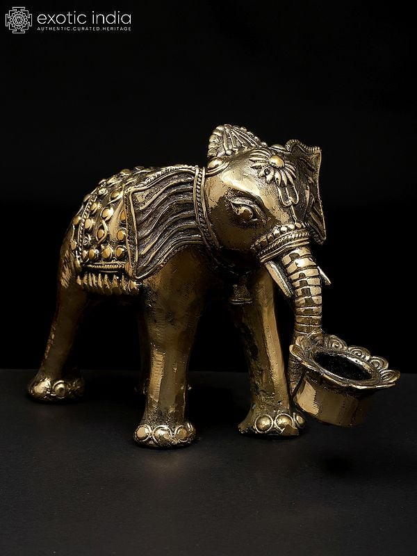 Exotic India 8" Decorative Brass Elephant With Candle Holder | Dhokra Art | Table Decor