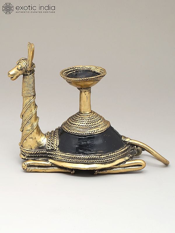 Exotic India 8" Decorative Camel Statue In Brass With Candle Stand | Dhokra Art | Home Decor