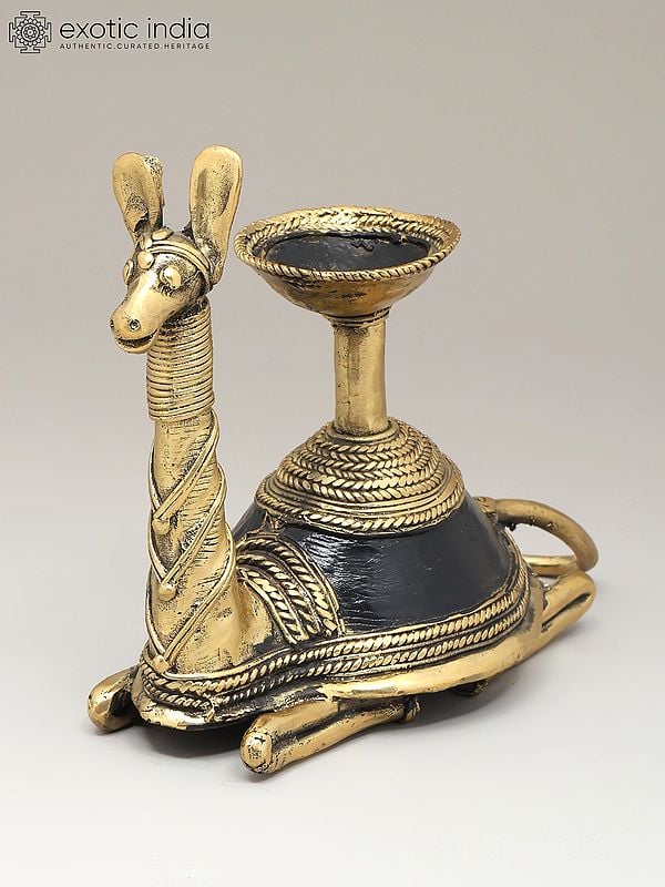 exotic india 8" Decorative Camel Statue in Brass with Candle Stand | Dhokra Art | Home Decor 