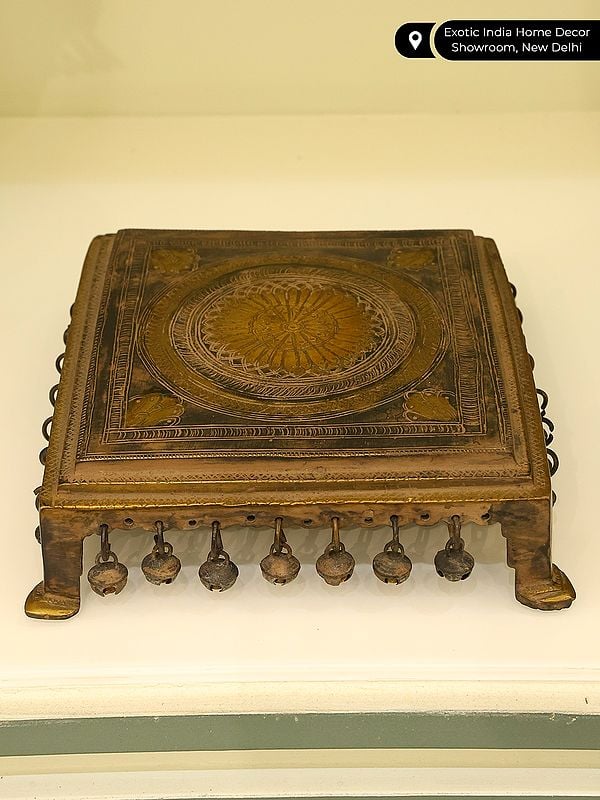 Exotic India 8" Designer Pedestal With Dangling Ghungroos In Brass