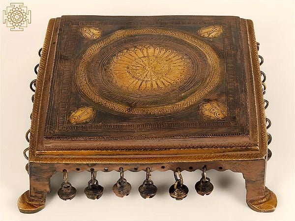 Exotic India 8" Designer Pedestal With Dangling Ghungroos In Brass