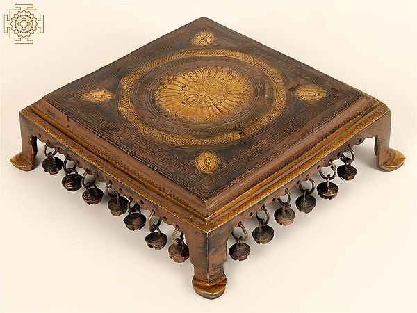 exotic india 8" Designer Pedestal with Dangling Ghungroos in Brass 